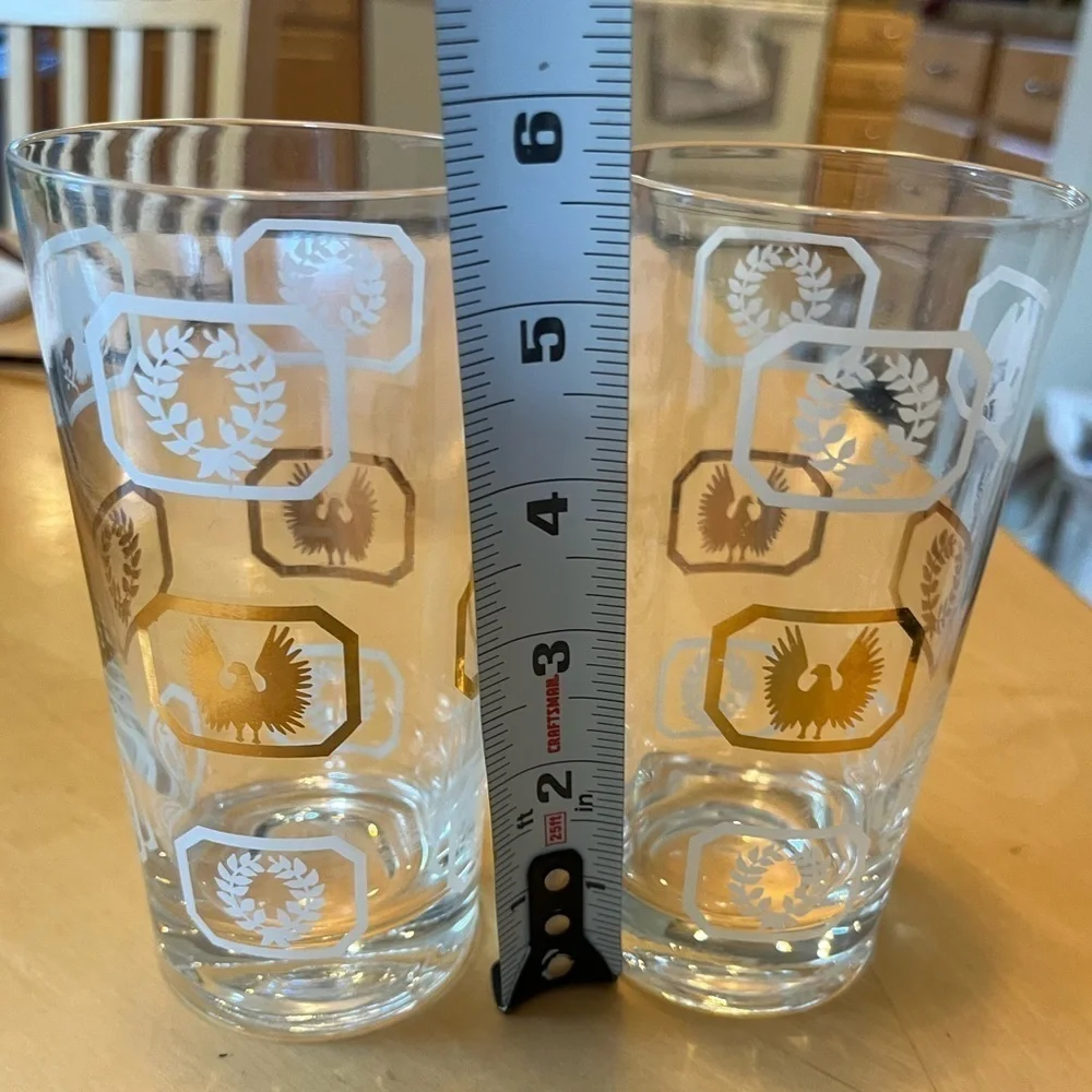 Highball Glasses Set of 2 Vintage Gold & White w/ Eagles Laurel Wreaths